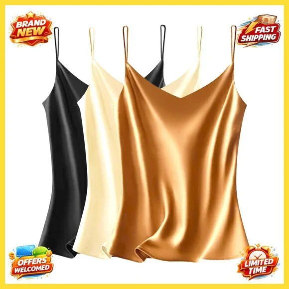 Satin V-Neck Camisole Adjustable Spaghetti Straps Loose Fit Elegant Chic - Picture 1 of 7